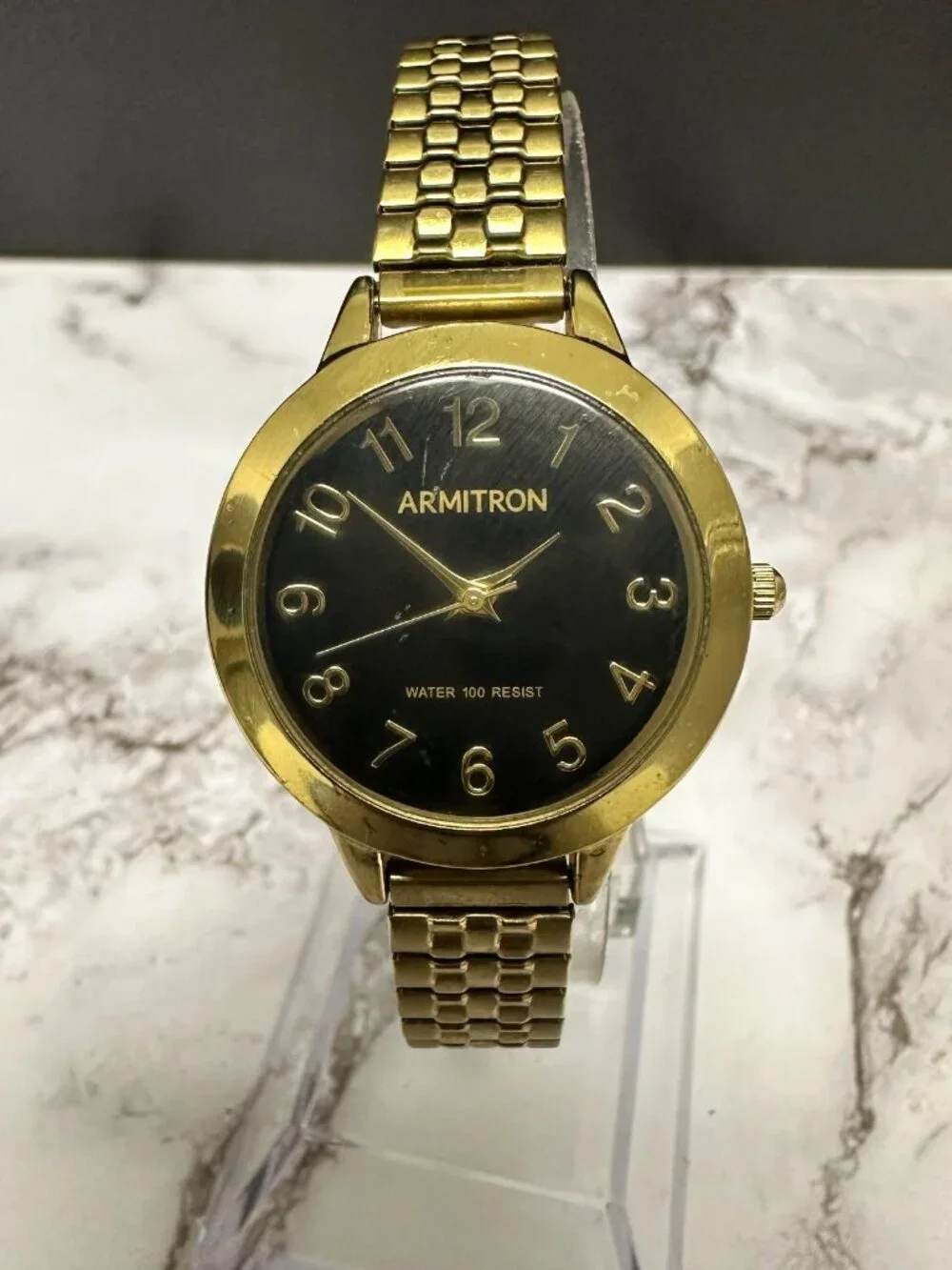 Armitron Watch Women Gold Tone Black Dial Stretch Band New Battery 6.75 Inch